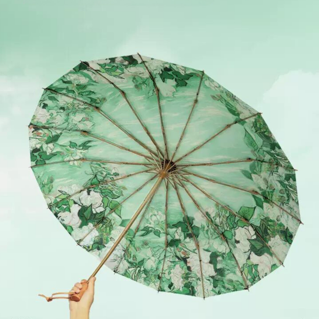 ゴッホ 白薔薇 晴雨兼用折りたたみ傘 16本骨 UPF50+