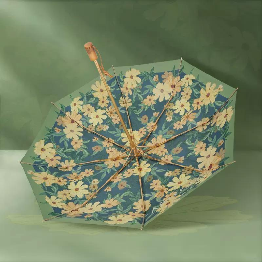 黄色い花柄 晴雨兼用折りたたみ傘 8本骨 UPF50+