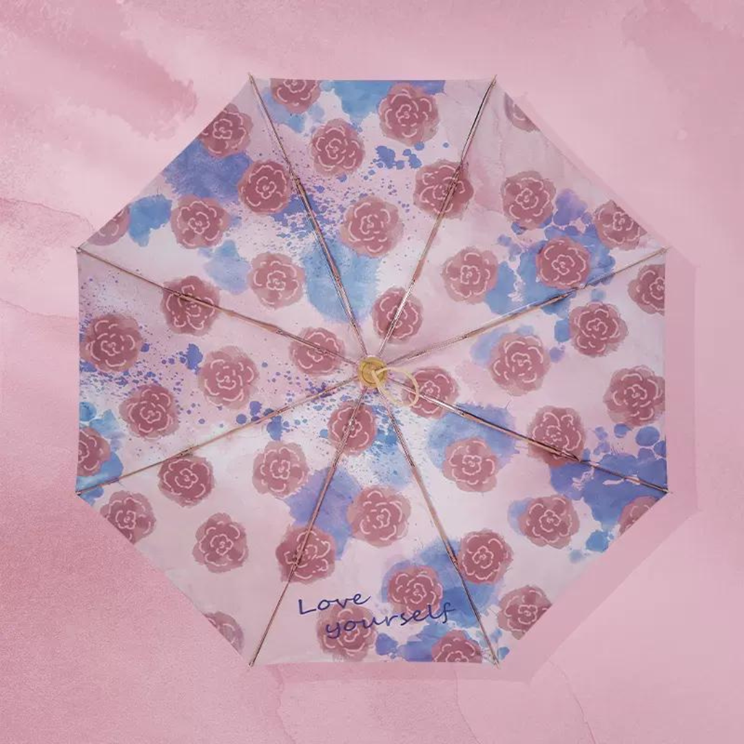 ピンクの薔薇柄 晴雨兼用折りたたみ傘 8本骨 UPF50+