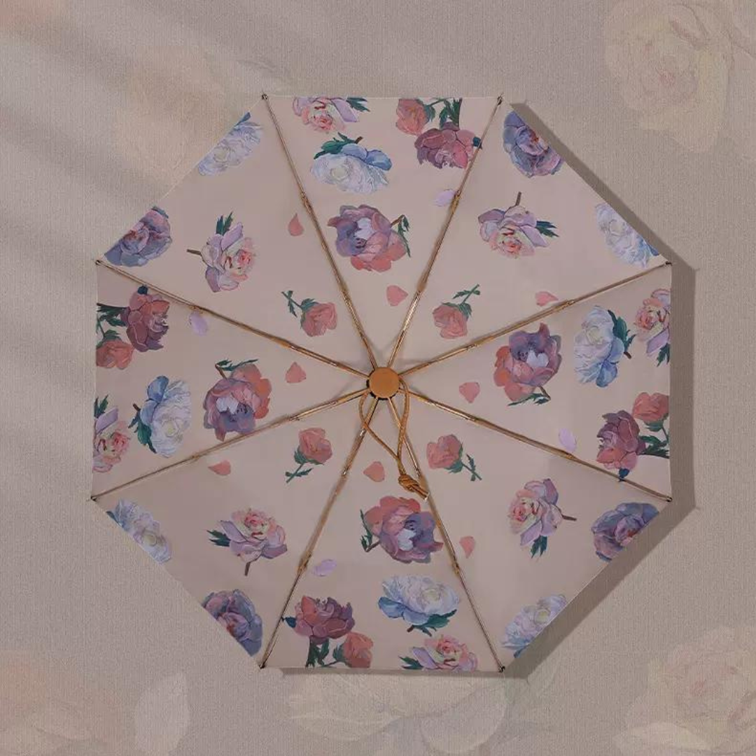 ピンク＆ホワイト・ローズの3段折りたたみ傘 （晴雨兼用傘）8本骨 二枚生地