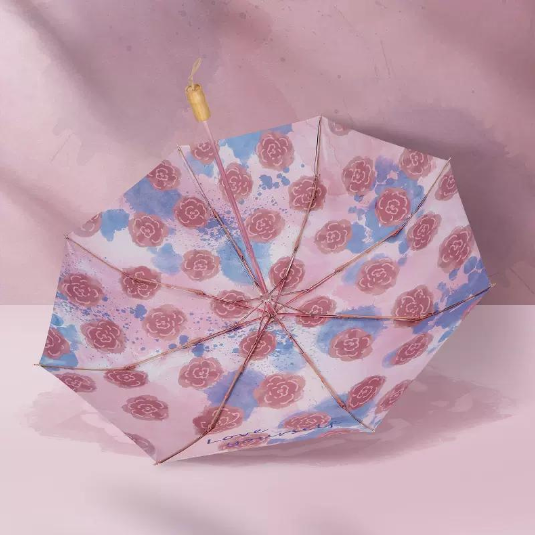 ピンクの薔薇の3段折りたたみ傘 （晴雨兼用傘）8本骨 二枚生地