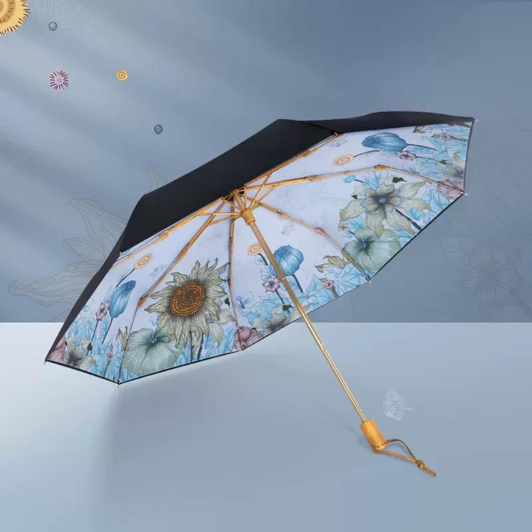 向日葵と青い花柄 晴雨兼用折りたたみ傘 8本骨 UPF50+
