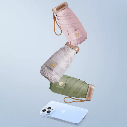 軽量・ピンクの牡丹柄の6 段折りたたみフラット傘【小型ポケットサイズ】（日傘）6本骨