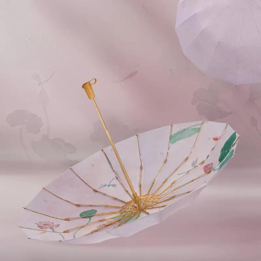 睡蓮柄 晴雨兼用折りたたみ傘 16本骨 UPF50+