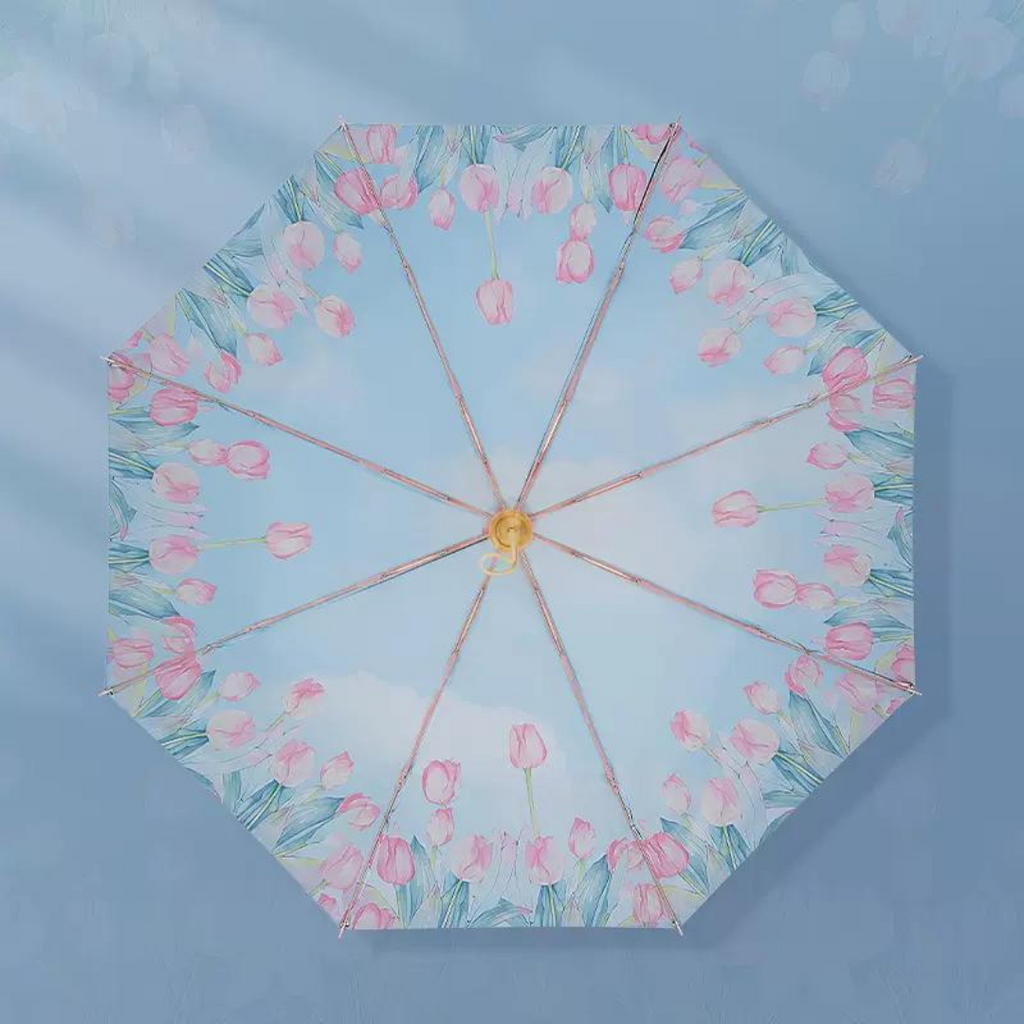 ピンクのチューリップ柄 晴雨兼用折りたたみ傘 8本骨 UPF50+