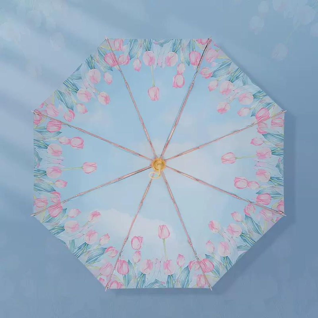 ピンクのチューリップ柄の3段折りたたみ傘 （晴雨兼用傘）8本骨 二枚生地