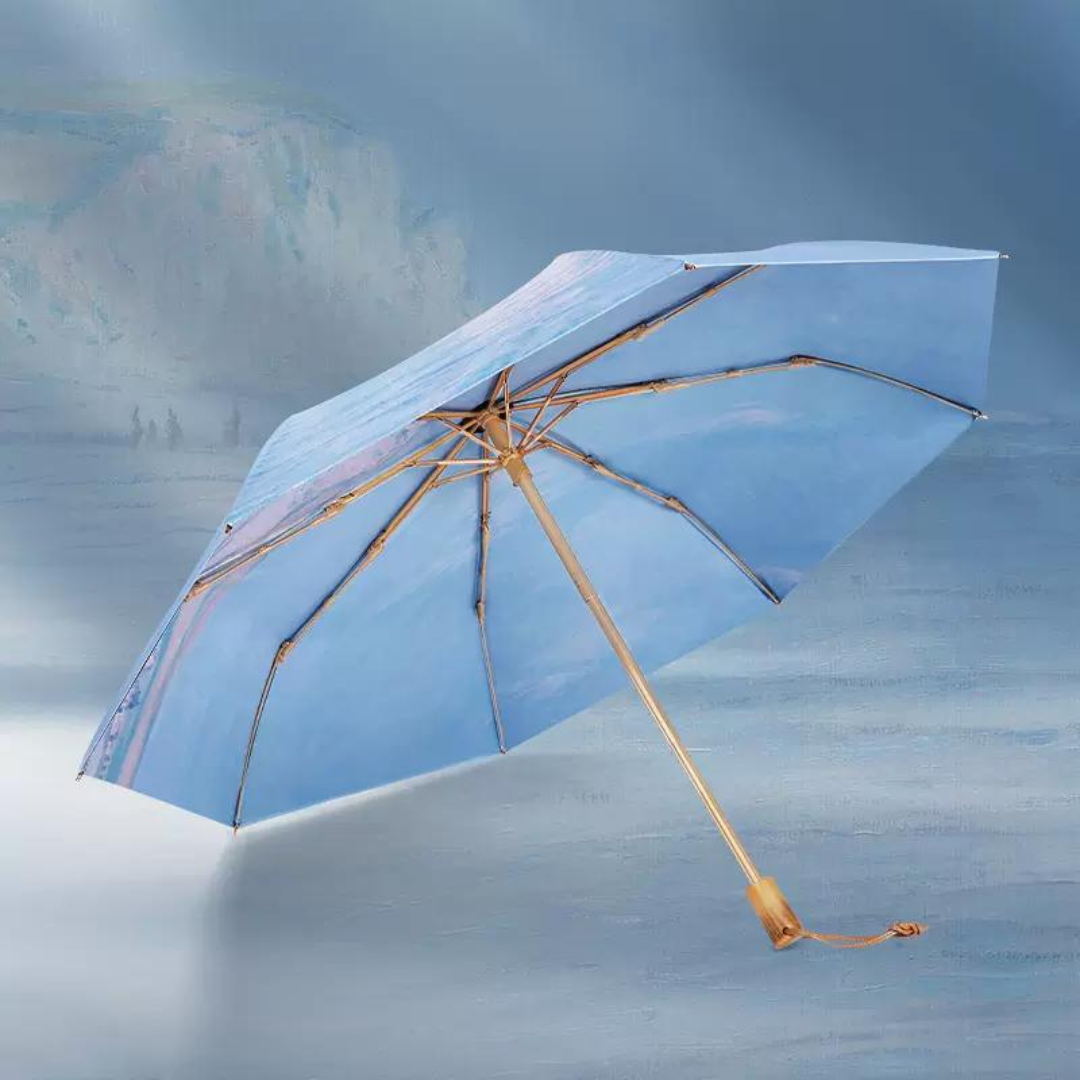 ”モネのプールヴィルの干潮” 3段折りたたみ傘（晴雨兼用傘）8本骨 二枚生地