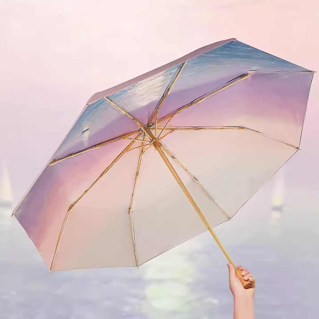 海の夕焼け風景柄 晴雨兼用折りたたみ傘 8本骨 UPF50+
