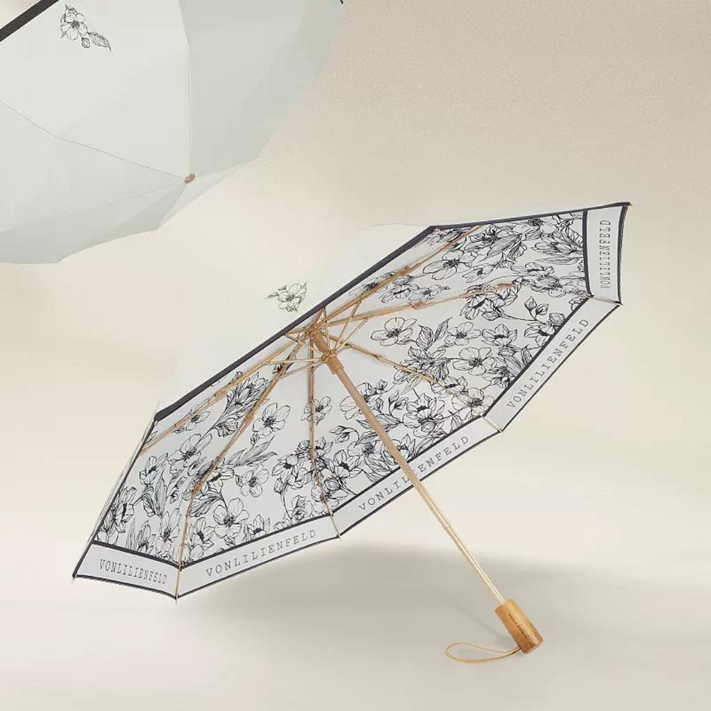 モノトーン花柄 晴雨兼用折りたたみ傘 8本骨 UPF50+