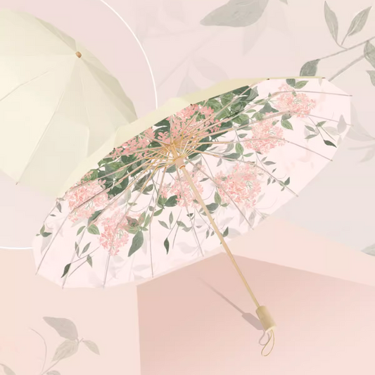 ピンクの花の香りの3段折りたたみ傘（晴雨兼用傘）16本骨