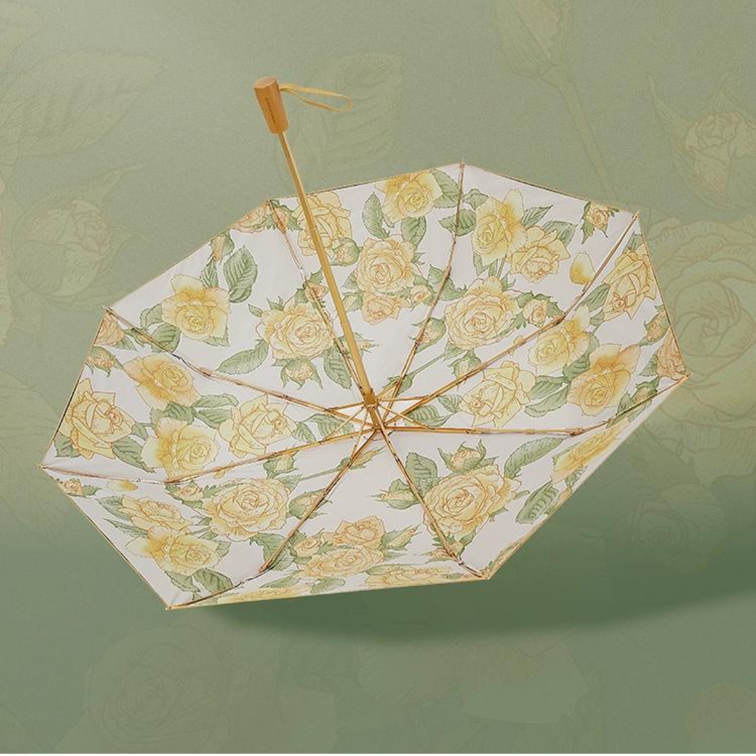 黄色い薔薇柄 晴雨兼用折りたたみ傘 8本骨 UPF50+
