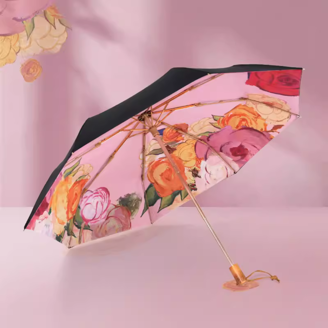 鮮やかな薔薇の絵画 晴雨兼用折りたたみ傘 8本骨 UPF50+