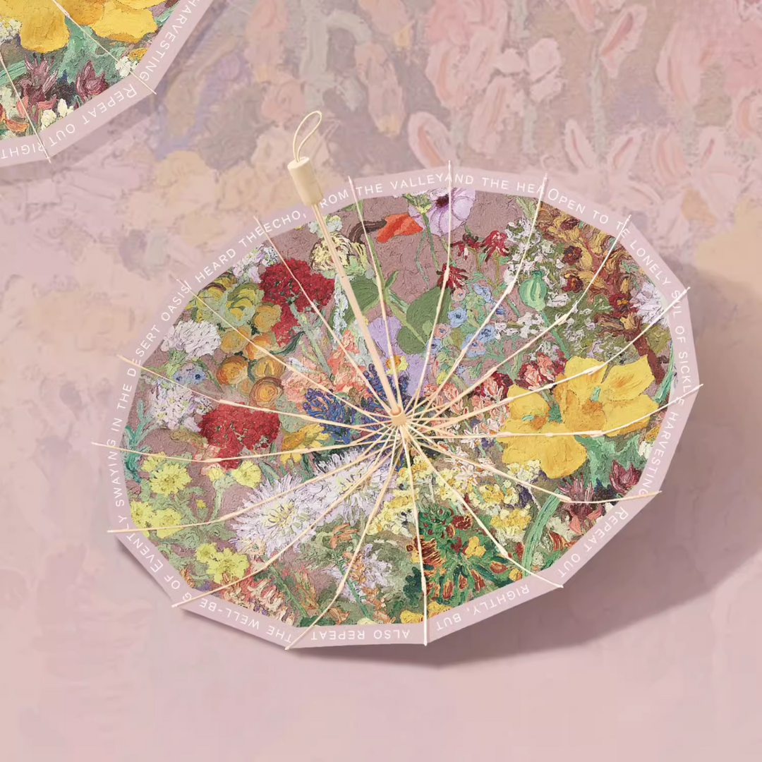 新品❤️フランス製　オシャレ傘　形が可愛い　イラストが素敵 Cedric Morrisの花の絵画の3段折りたたみ傘（晴雨兼用傘）16本骨