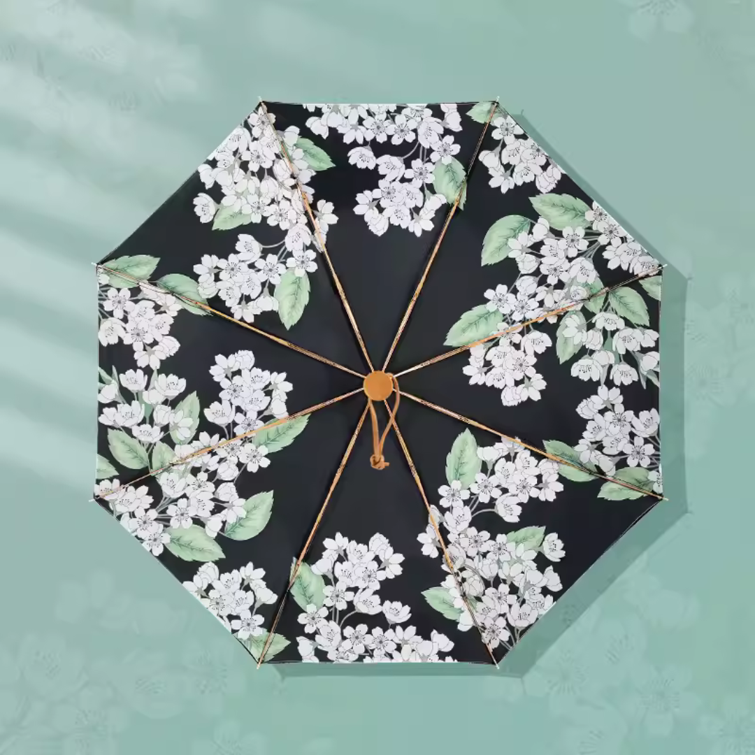 白い棠梨柄 晴雨兼用折りたたみ傘 8本骨 UPF50+