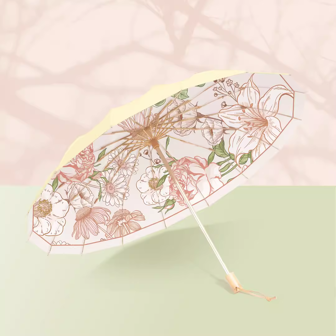 Pink Flower Bloomingの3段折りたたみ傘（晴雨兼用傘）16本骨