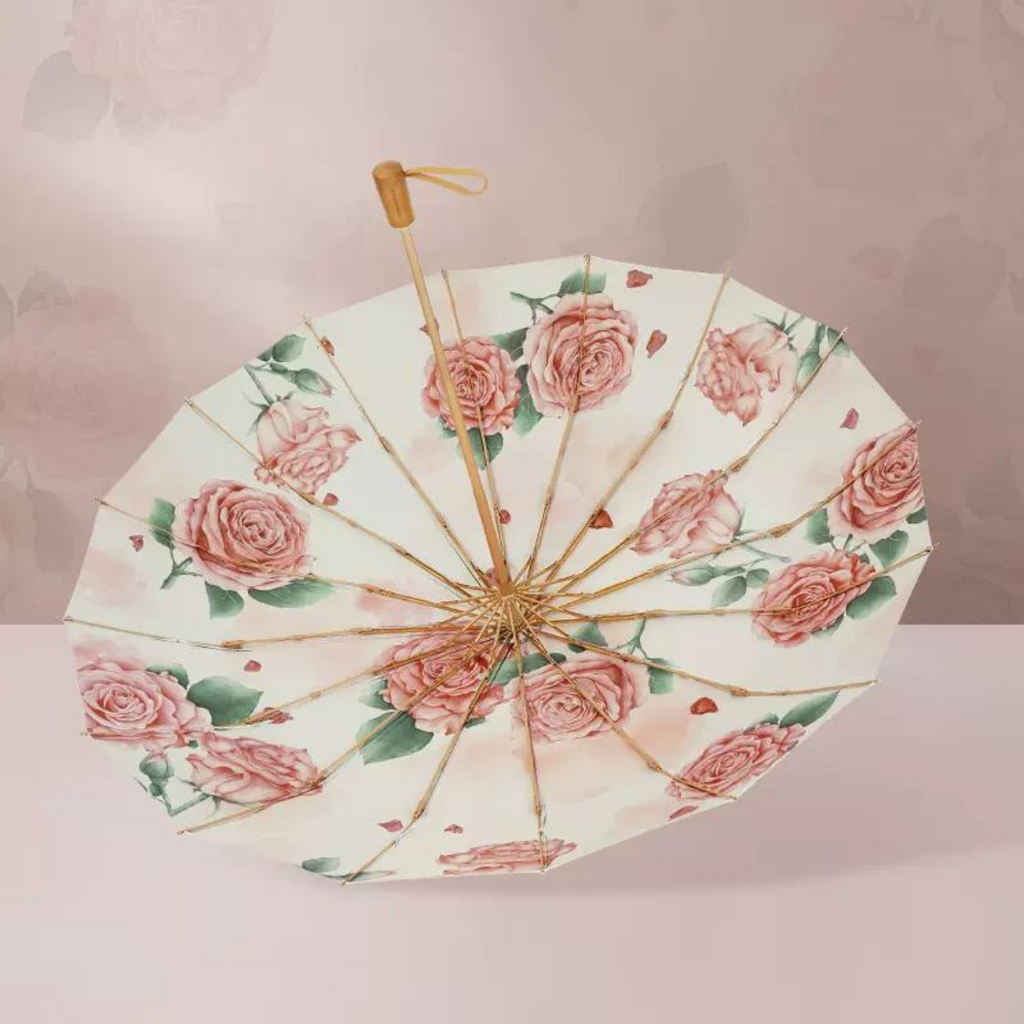私の薔薇柄 晴雨兼用折りたたみ傘 16本骨 UPF50+