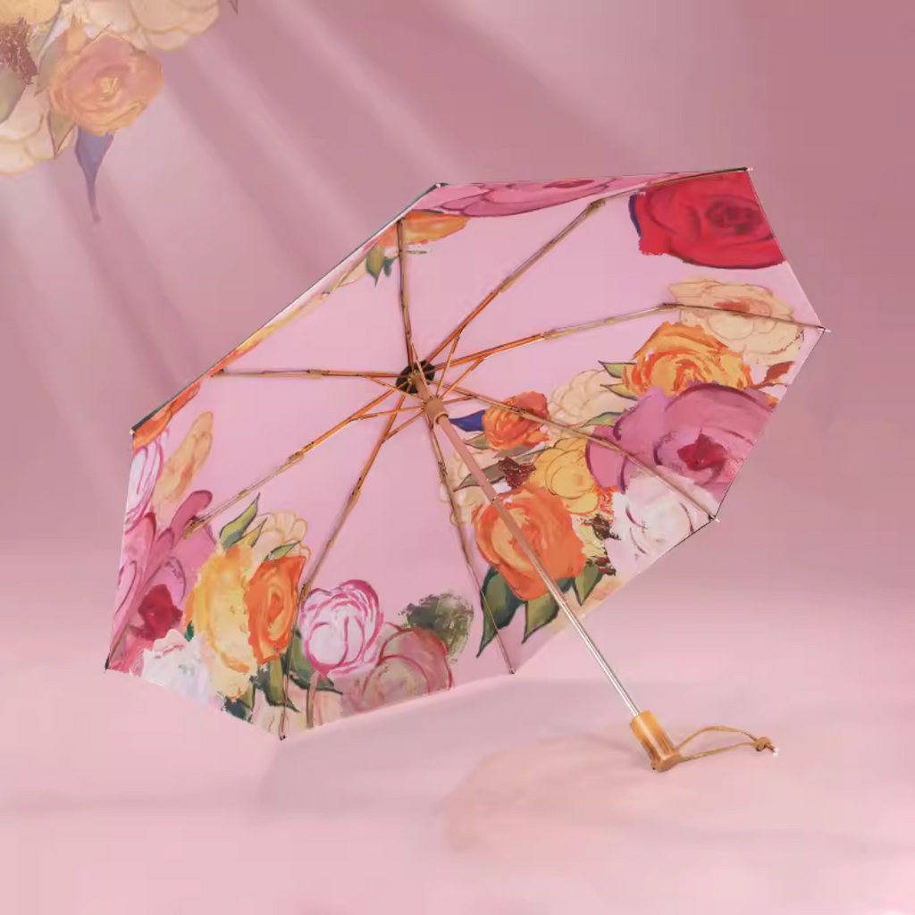 鮮やかな薔薇の絵画 晴雨兼用折りたたみ傘 8本骨 UPF50+