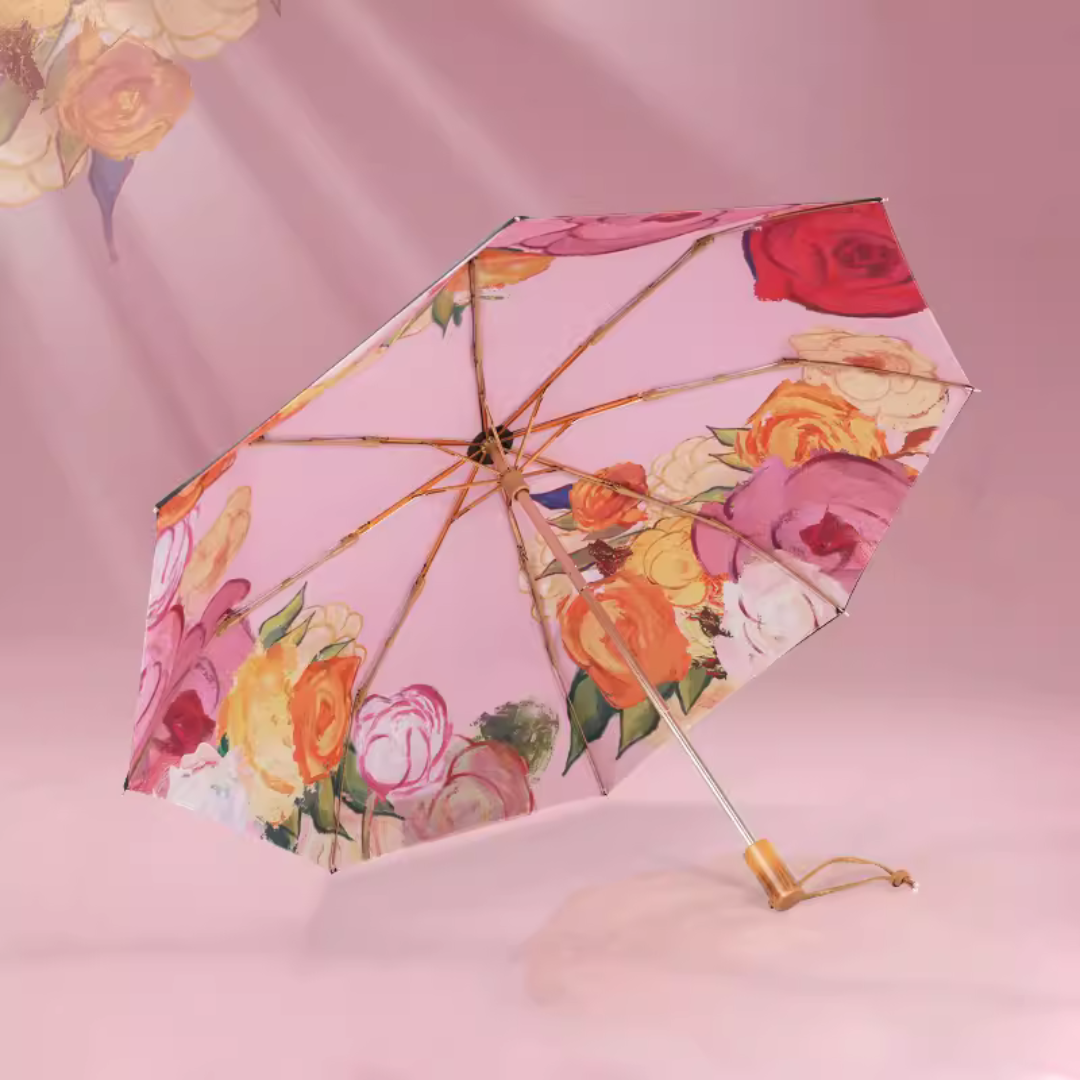 鮮やかな薔薇の絵画 晴雨兼用折りたたみ傘 8本骨 UPF50+