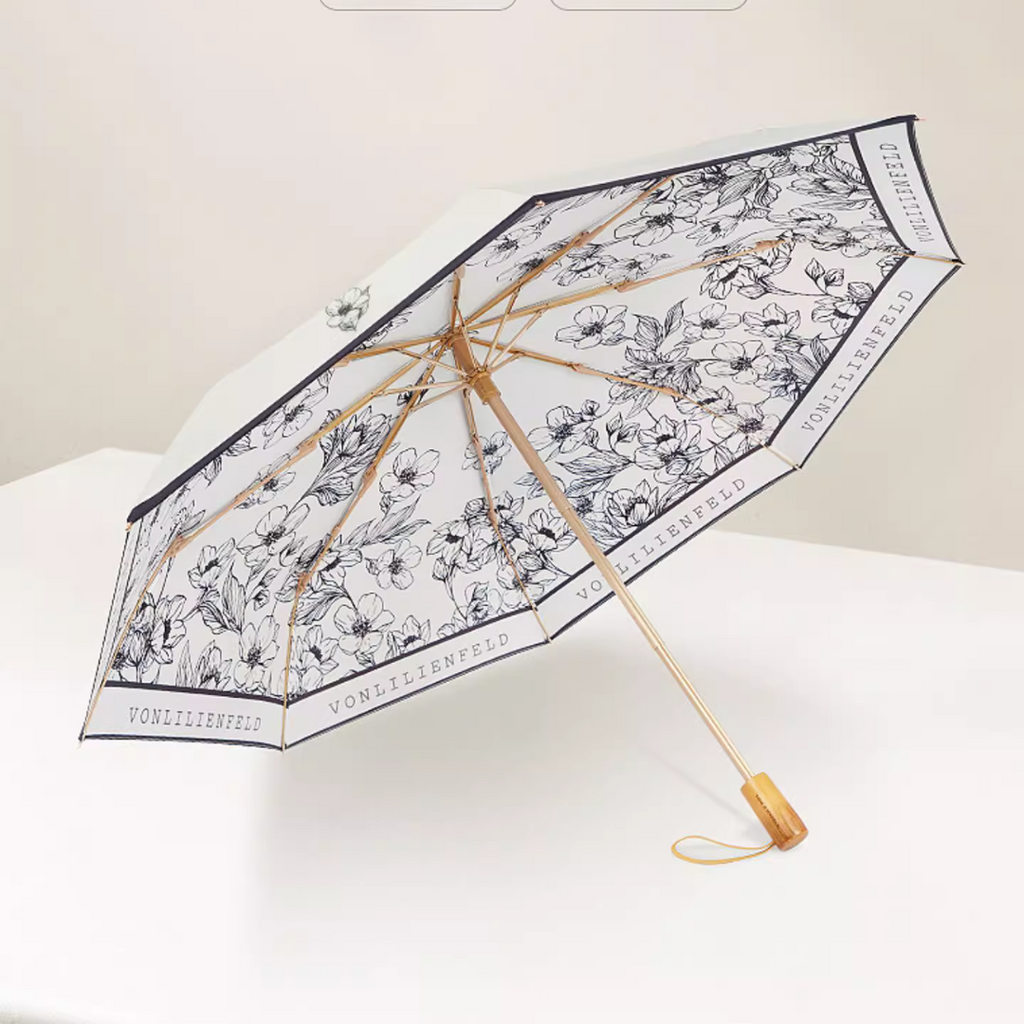 モノトーン花柄 晴雨兼用折りたたみ傘 8本骨 UPF50+