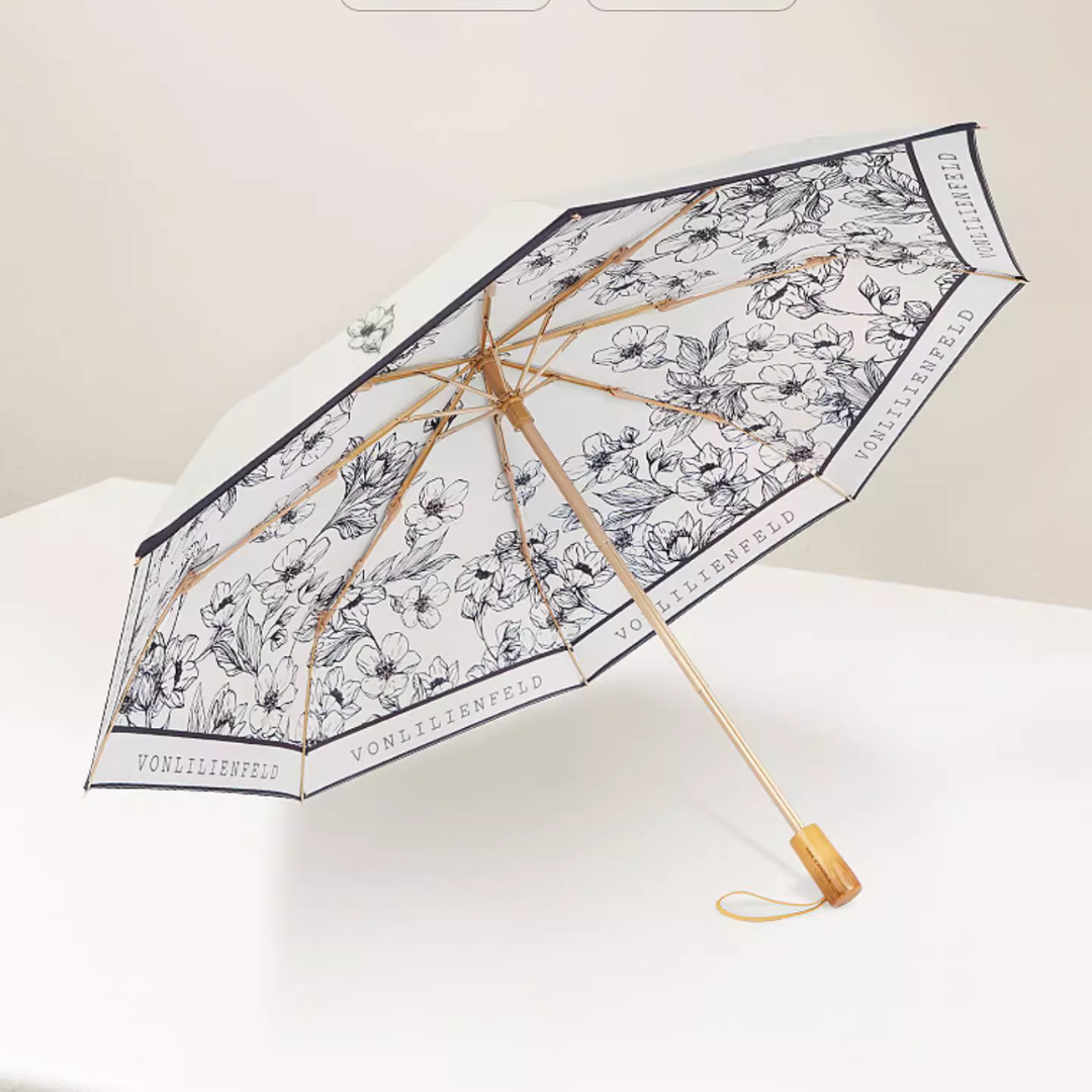 モノトーン花柄 晴雨兼用折りたたみ傘 8本骨 UPF50+