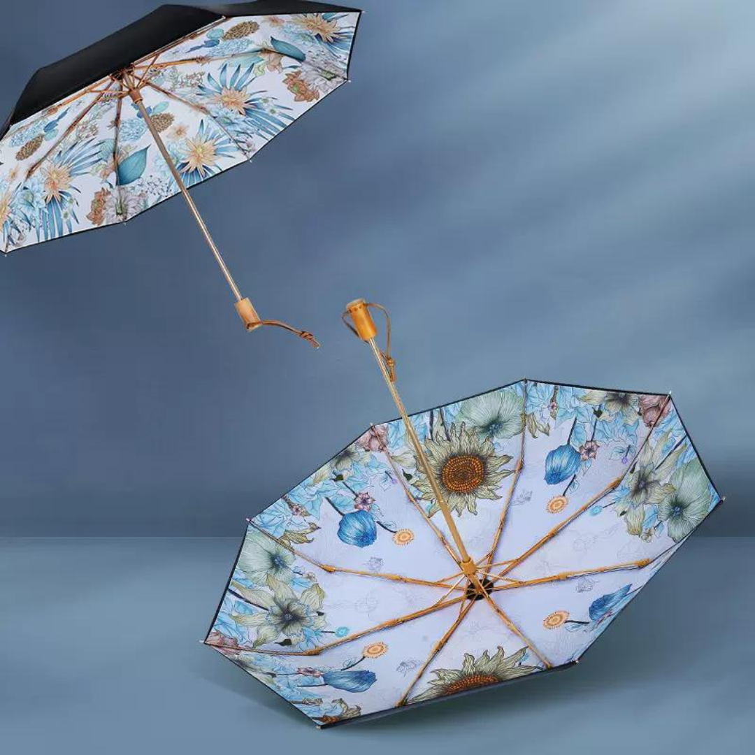 向日葵と青い花柄 晴雨兼用折りたたみ傘 8本骨 UPF50+