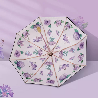 紫の花々の3段折りたたみ傘 （晴雨兼用傘）8本骨 二枚生地