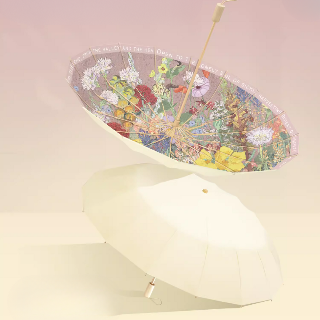 Cedric Morrisの花の絵画の3段折りたたみ傘(晴雨兼用傘)16本骨 Cedric Morrisの花の絵画の3段折りたたみ傘(晴雨兼用傘)16本骨