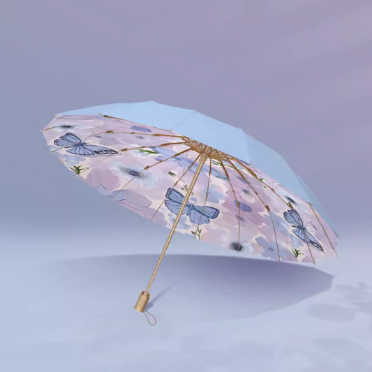蝶々と花の3段折りたたみ傘（晴雨兼用傘）16本骨