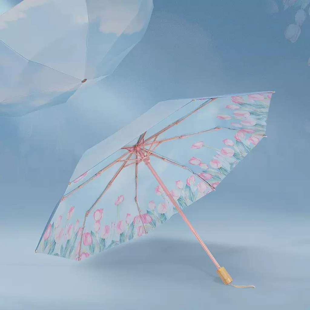 ピンクのチューリップ柄 晴雨兼用折りたたみ傘 8本骨 UPF50+
