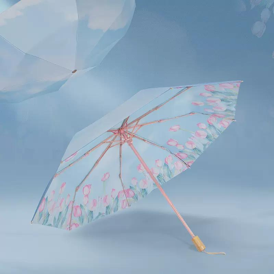 ピンクのチューリップ柄 晴雨兼用折りたたみ傘 8本骨 UPF50+