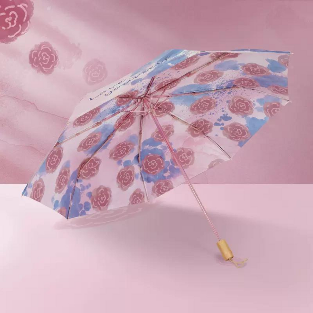 ピンクの薔薇柄 晴雨兼用折りたたみ傘 8本骨 UPF50+