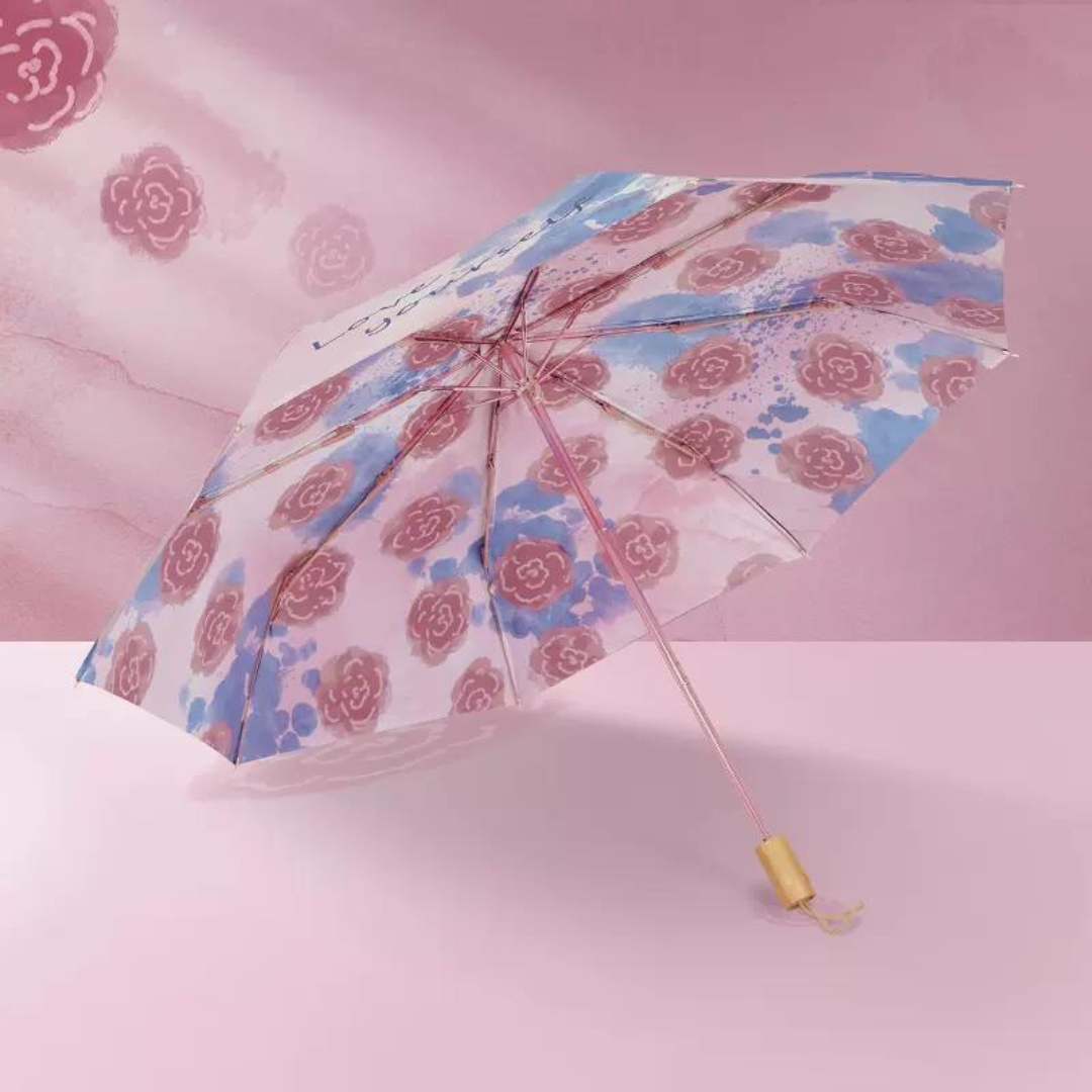 ピンクの薔薇柄 晴雨兼用折りたたみ傘 8本骨 UPF50+