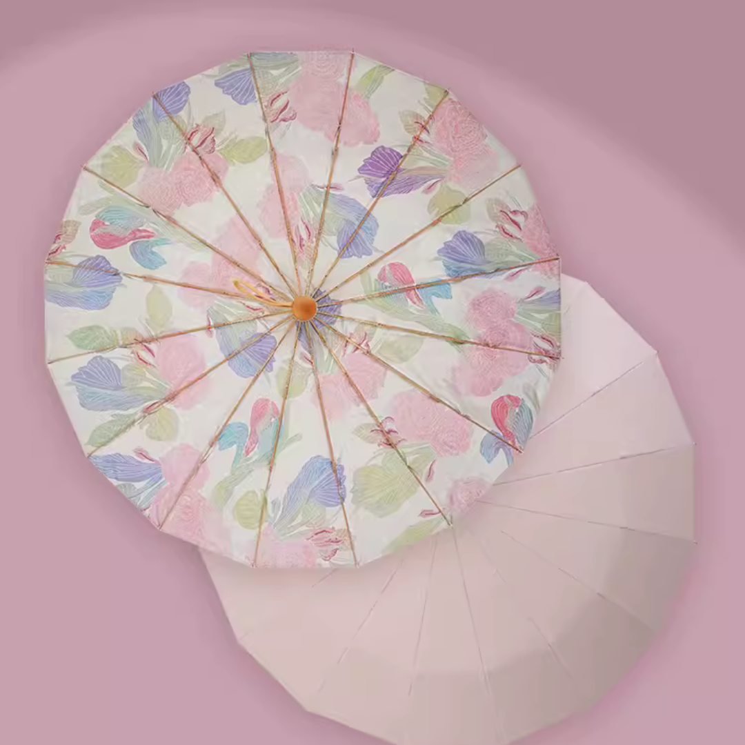 ピンクローズの華やかな3段折りたたみ傘（晴雨兼用傘）16本骨 二枚生地