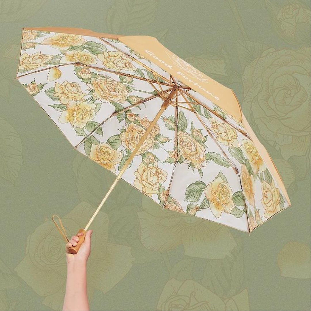 黄色い薔薇柄 晴雨兼用折りたたみ傘 8本骨 UPF50+