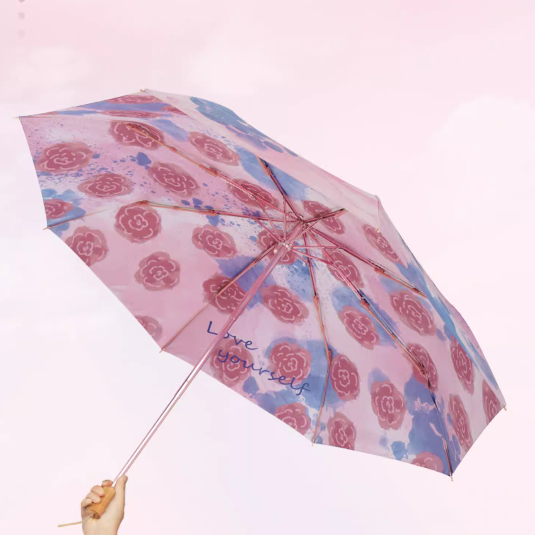 ピンクの薔薇柄 晴雨兼用折りたたみ傘 8本骨 UPF50+