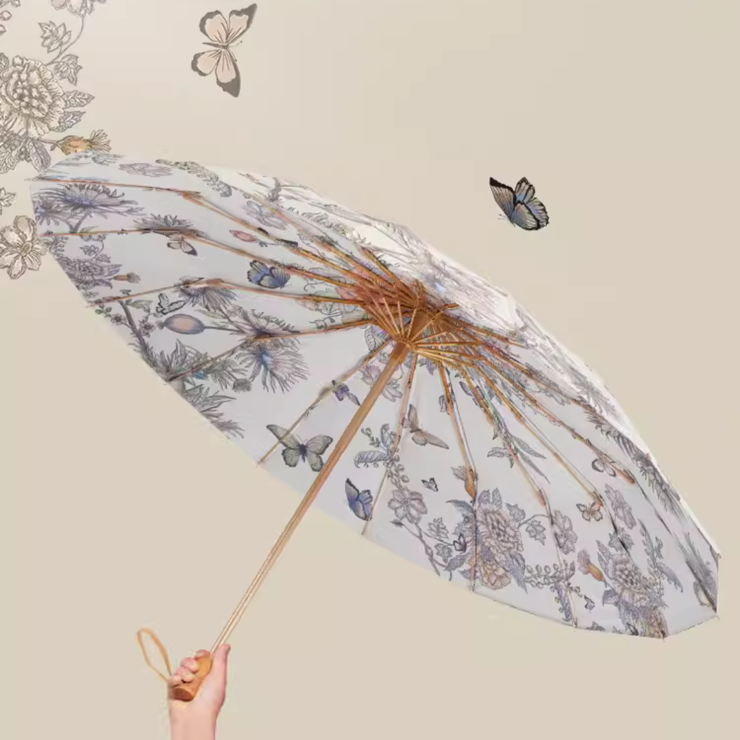 蝶々と花の華やかな3段折りたたみ傘（晴雨兼用傘）16本骨 二枚生地