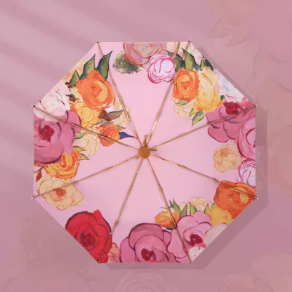 鮮やかな薔薇の絵画の3段折りたたみ傘 （晴雨兼用傘）8本骨 二枚生地