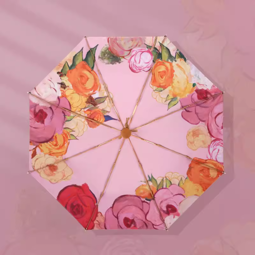 鮮やかな薔薇の絵画 晴雨兼用折りたたみ傘 8本骨 UPF50+