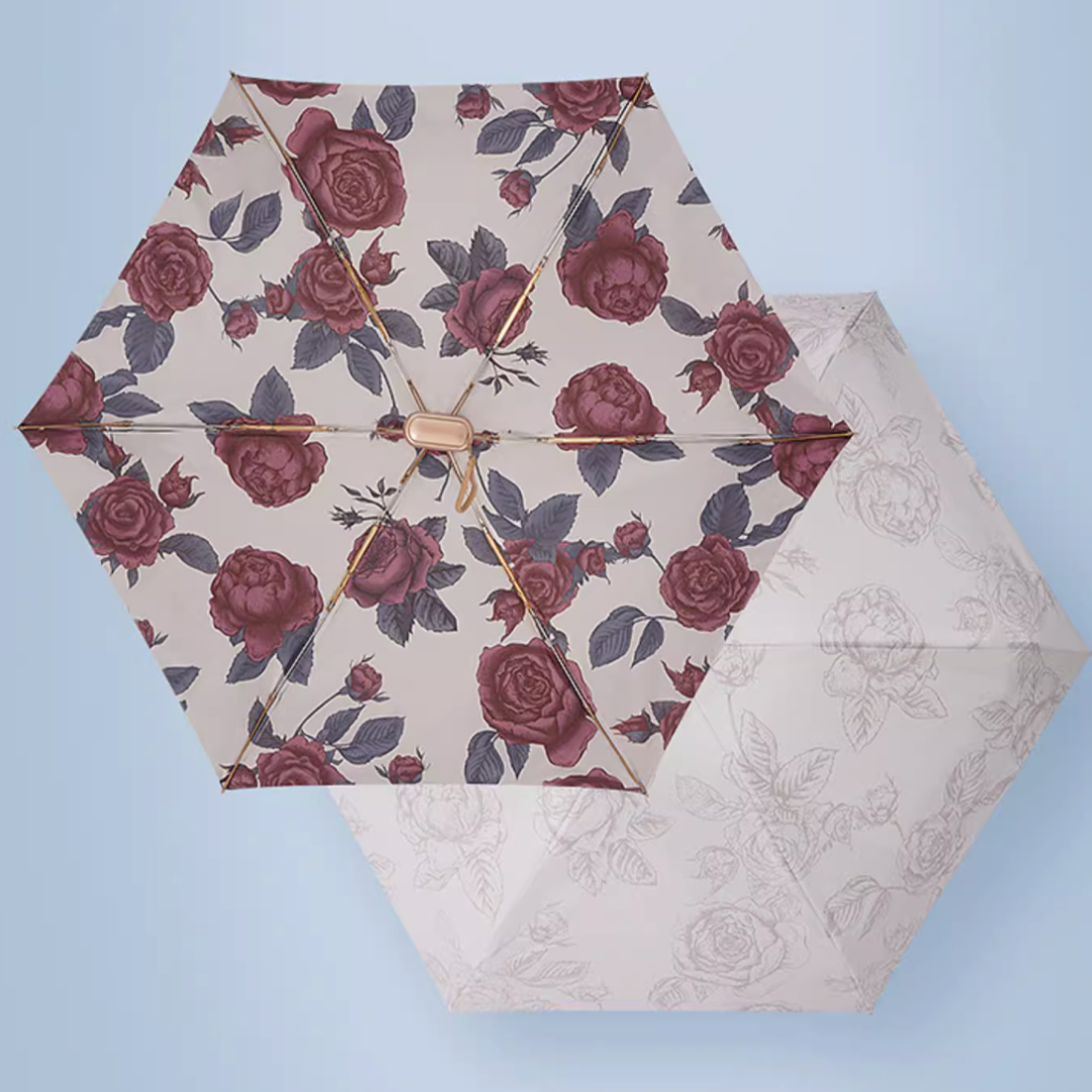 軽量・レトロな薔薇柄の6 段折りたたみフラット傘【小型ポケットサイズ】（日傘）6本骨