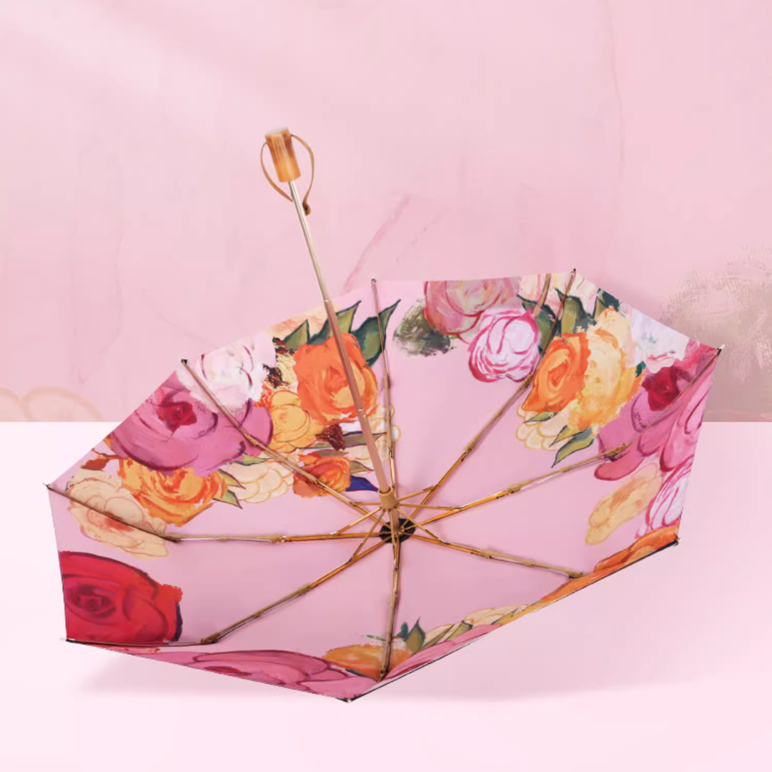 鮮やかな薔薇の絵画 晴雨兼用折りたたみ傘 8本骨 UPF50+
