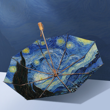 ”ゴッホの星月夜” 3段折りたたみ傘（晴雨兼用傘）8本骨 二枚生地