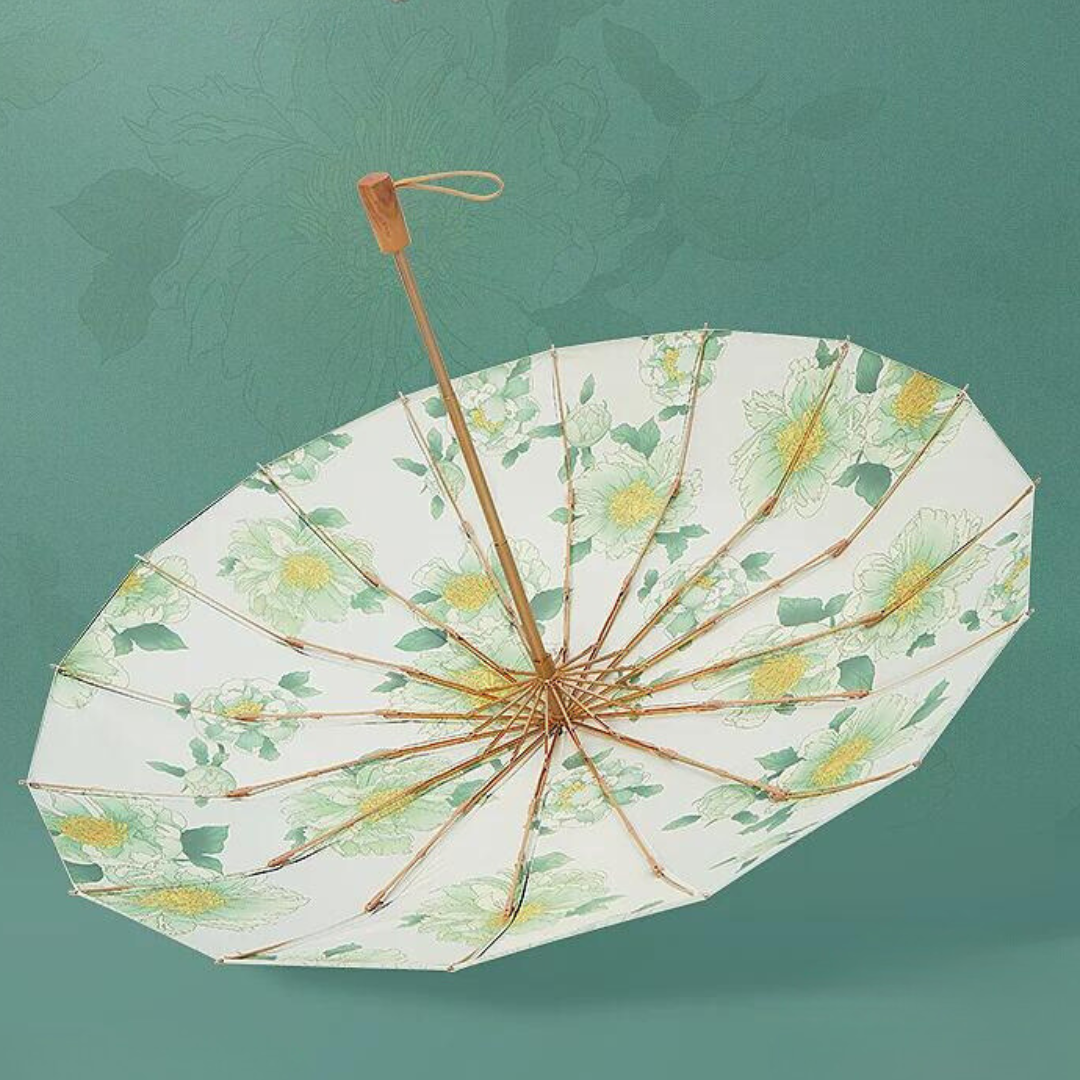 黄色の牡丹の花柄 晴雨兼用折りたたみ傘 16本骨 UPF50+