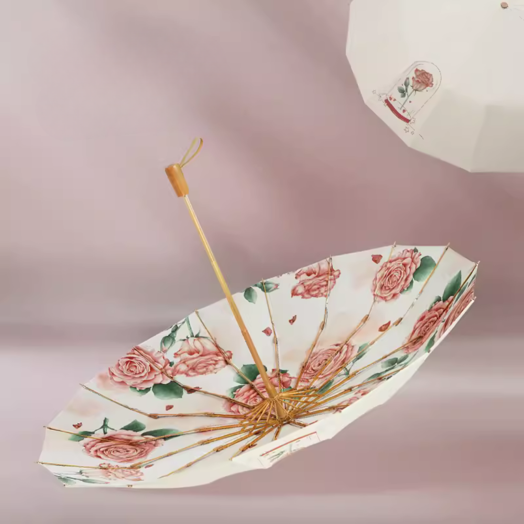 私の薔薇柄 晴雨兼用折りたたみ傘 16本骨 UPF50+