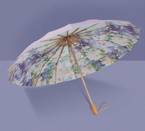 幻想的な藤の花柄 晴雨兼用折りたたみ傘 16本骨 UPF50+