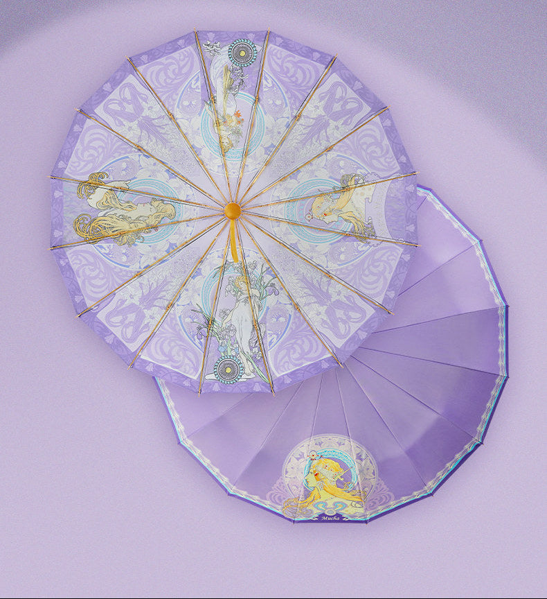 ミュシャ エレガントパープルの３段折りたたみ晴雨兼用傘 16本骨