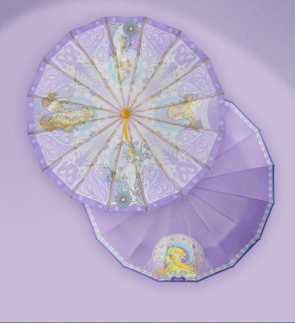 ミュシャ エレガントパープルの３段折りたたみ晴雨兼用傘 16本骨