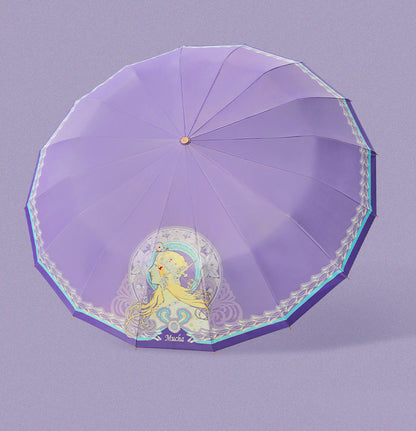 ミュシャ エレガントパープルの３段折りたたみ晴雨兼用傘 16本骨