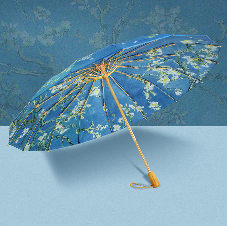 ゴッホ 花咲くアーモンドの木の枝 晴雨兼用折りたたみ傘 16本骨 UPF50+