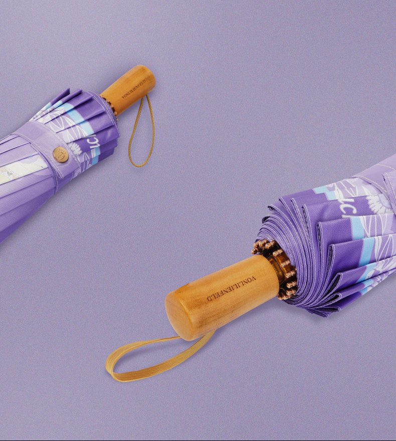 ミュシャ エレガントパープルの３段折りたたみ晴雨兼用傘 16本骨