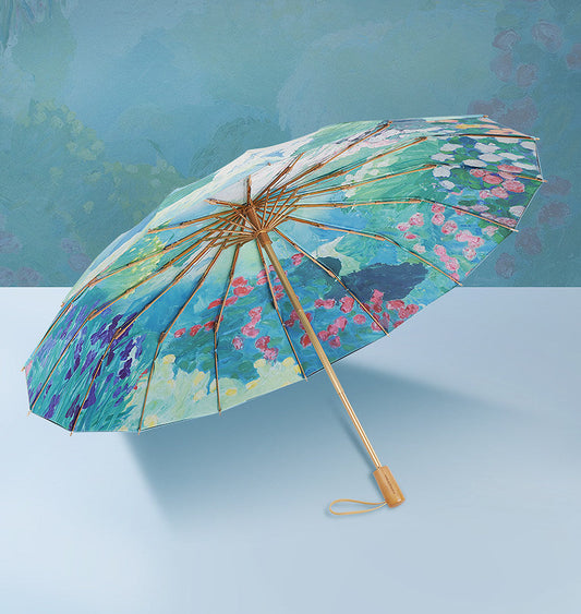 ロジェ・ムール 色彩豊かな風景デザイン ３段折りたたみ晴雨兼用傘 16本骨